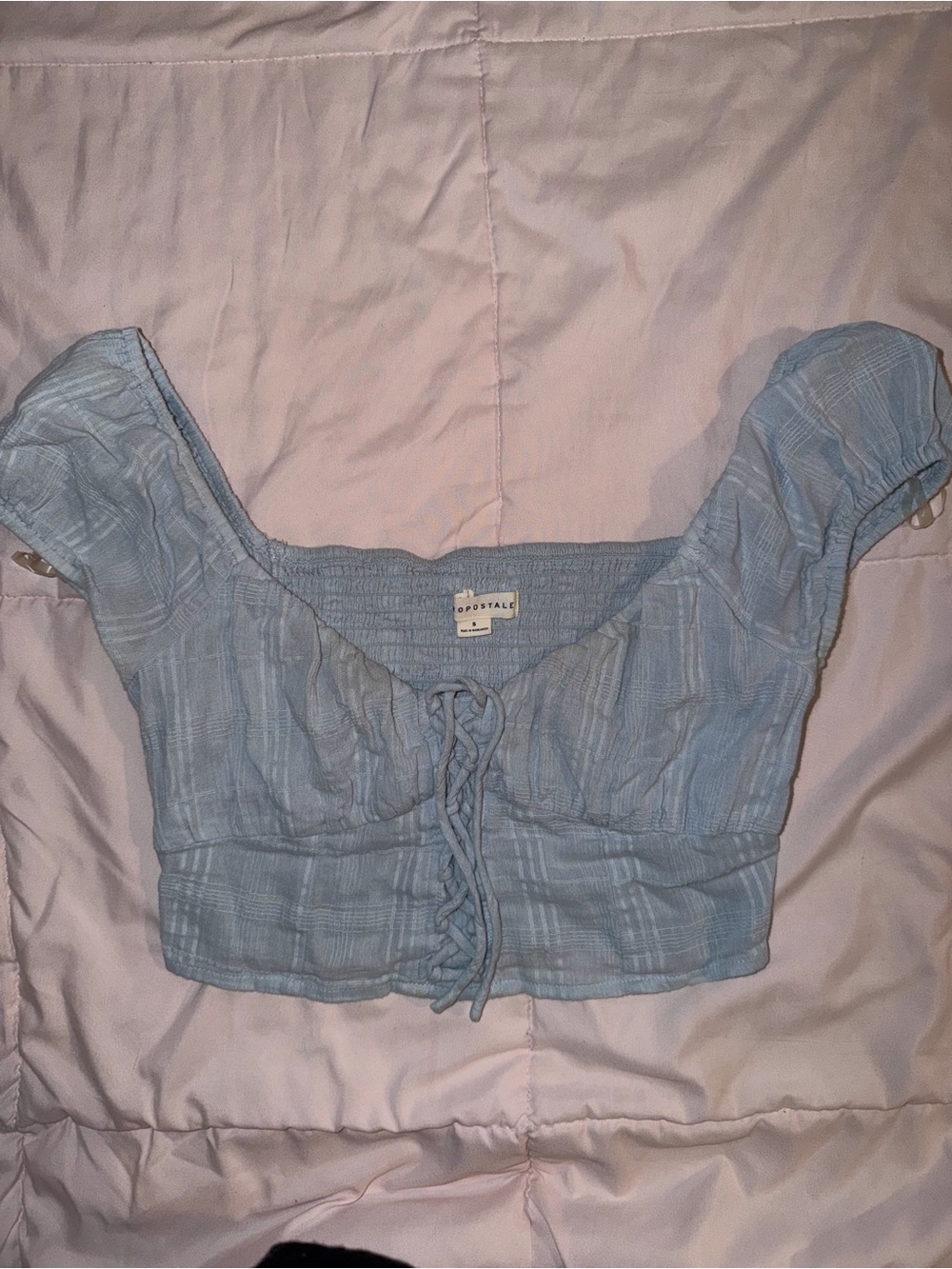 Aeropostale Pale Blue Lace-Up Puff Sleeve Crop Top
